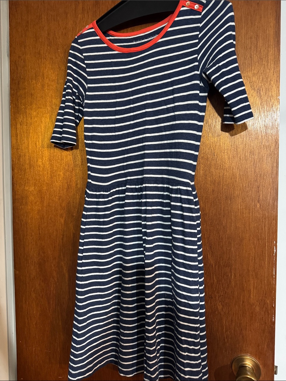 Navy & White Striped Women’s Dress with Red Trim, XS
